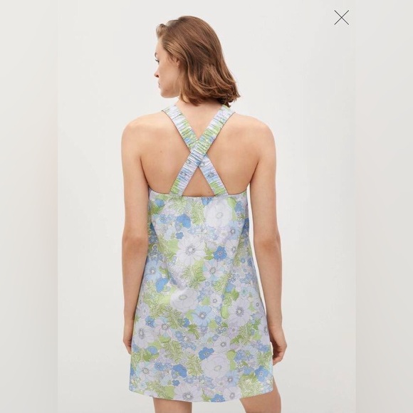 MNG Floral Cross Back Mini Dress 100% Cotton Blue Green SZ XL built in bandeau - Picture 2 of 8
